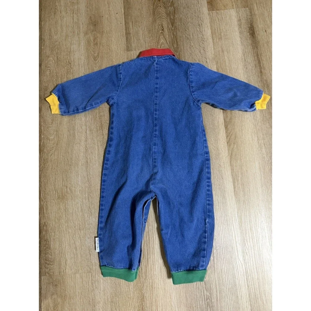 Vintage 90s Healthtex Crayons Math Romper Long Sleeve Red Yellow Blue Denim 24m